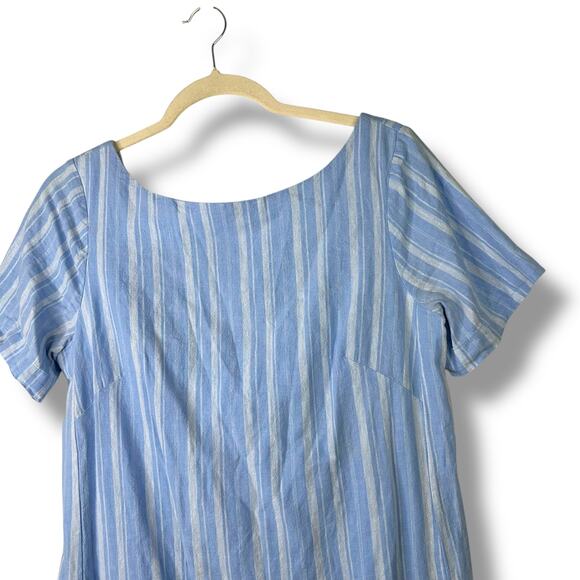 By Anthropologie Cape May Blue Stripe Boat Neck Bow-Tie Back Linen Mini Dress - Picture 4 of 10